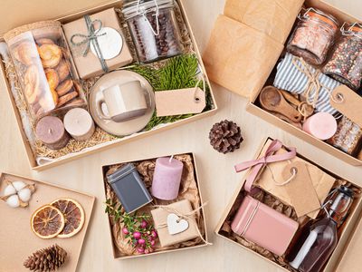 Overhead view of different types of gift boxes