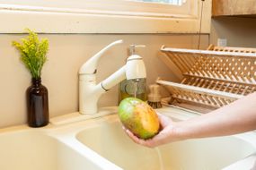 person washes large fresh mango under running water in kitchen sink