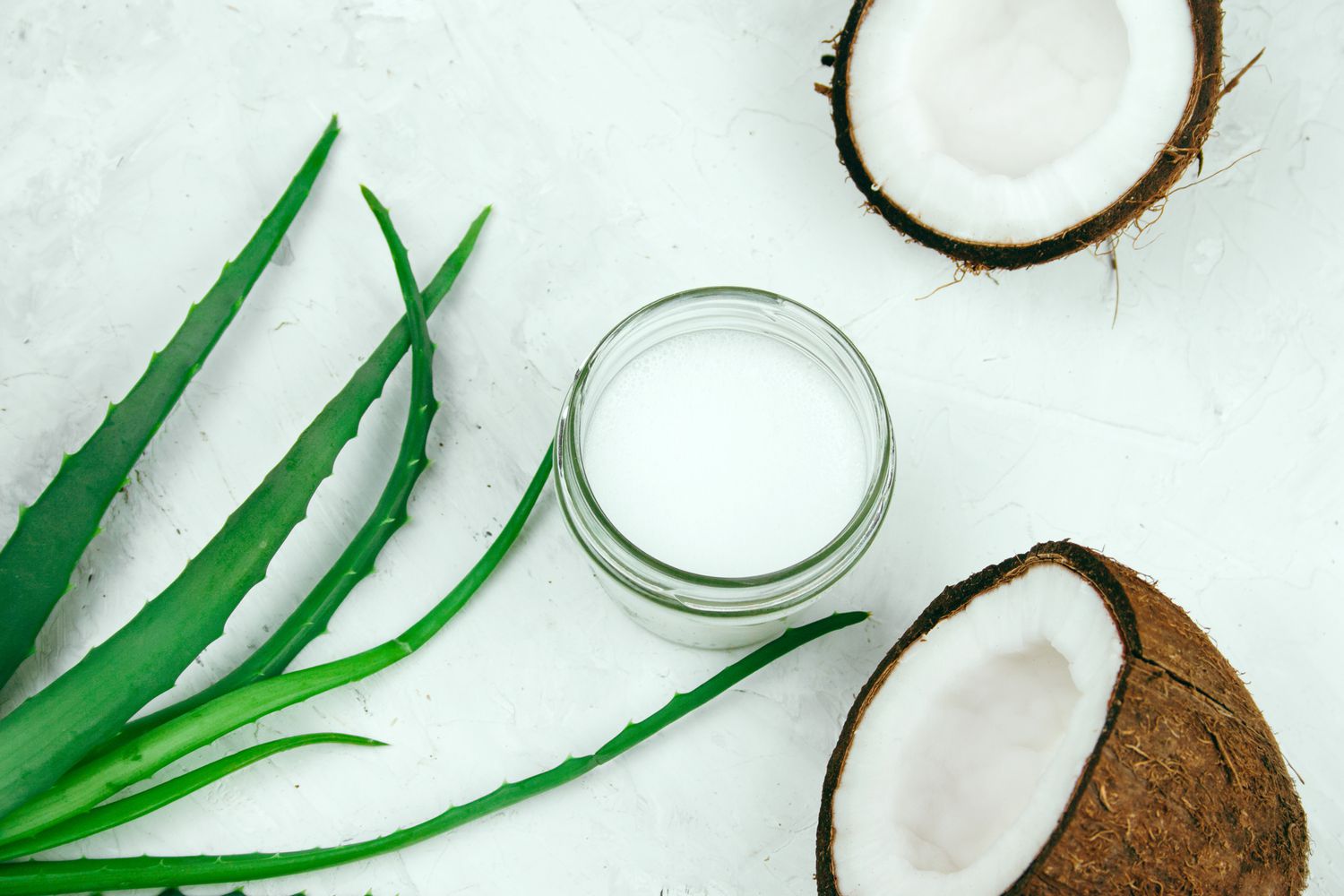 Jar of milky liquid surrounded by coconuts and aloe