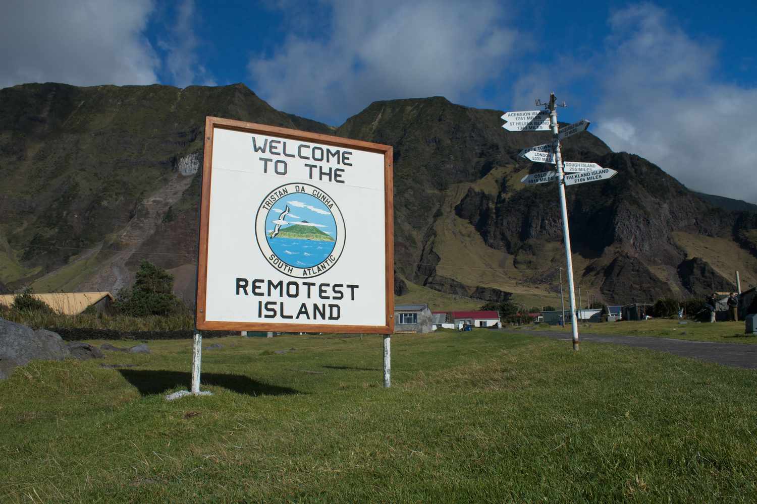"Welcome to the remotest island" sign in Tristan Da Cunha