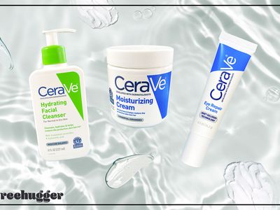 various CeraVe skin and face products and creams over a textured background