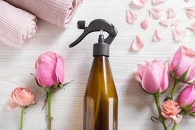 flat lay fresh pink roses and petals with reusable brown glass bottle spray
