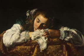 Oil painting of a person sleeping with an article of clothing