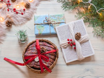multiple presents wrapped without wrapping paper baskets fabric twine
