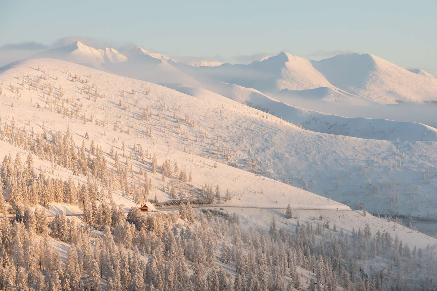 Highway Kolyma in Oymyakonsky district at sunrise