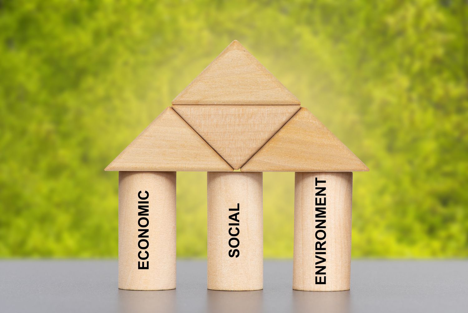 Building blocks shaped into three pillars labeled economic, social, and environment.