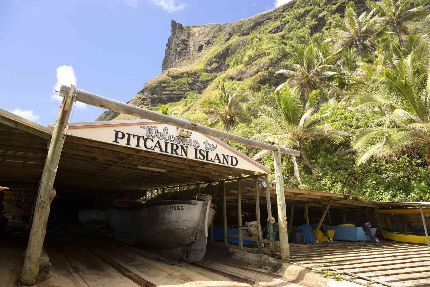 Boat yard and palms on Pitcairn Island