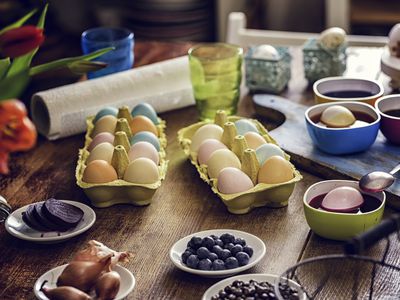 fresh eggs are dyed with all natural food ingredients including blueberries and beets