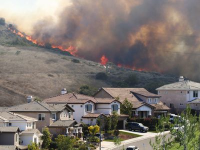 Wildfire burns near a neighborhood on a sunny day