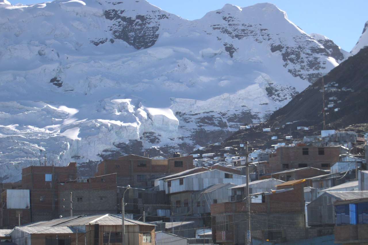 Village in the shadow of snow-covered mountains, La Rinconada