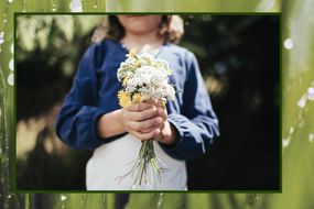 Blurry grass background with hands holding dandelions