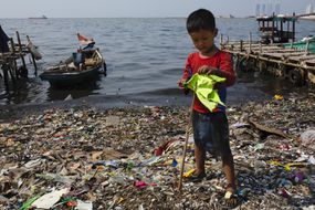 a plastic-covered beach in Jakarta, Indonesia