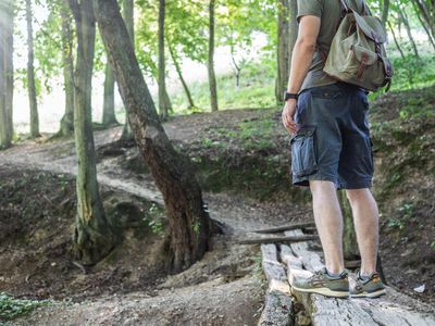 guy outside hiking with backpack pauses on old wooden trail to admire trees